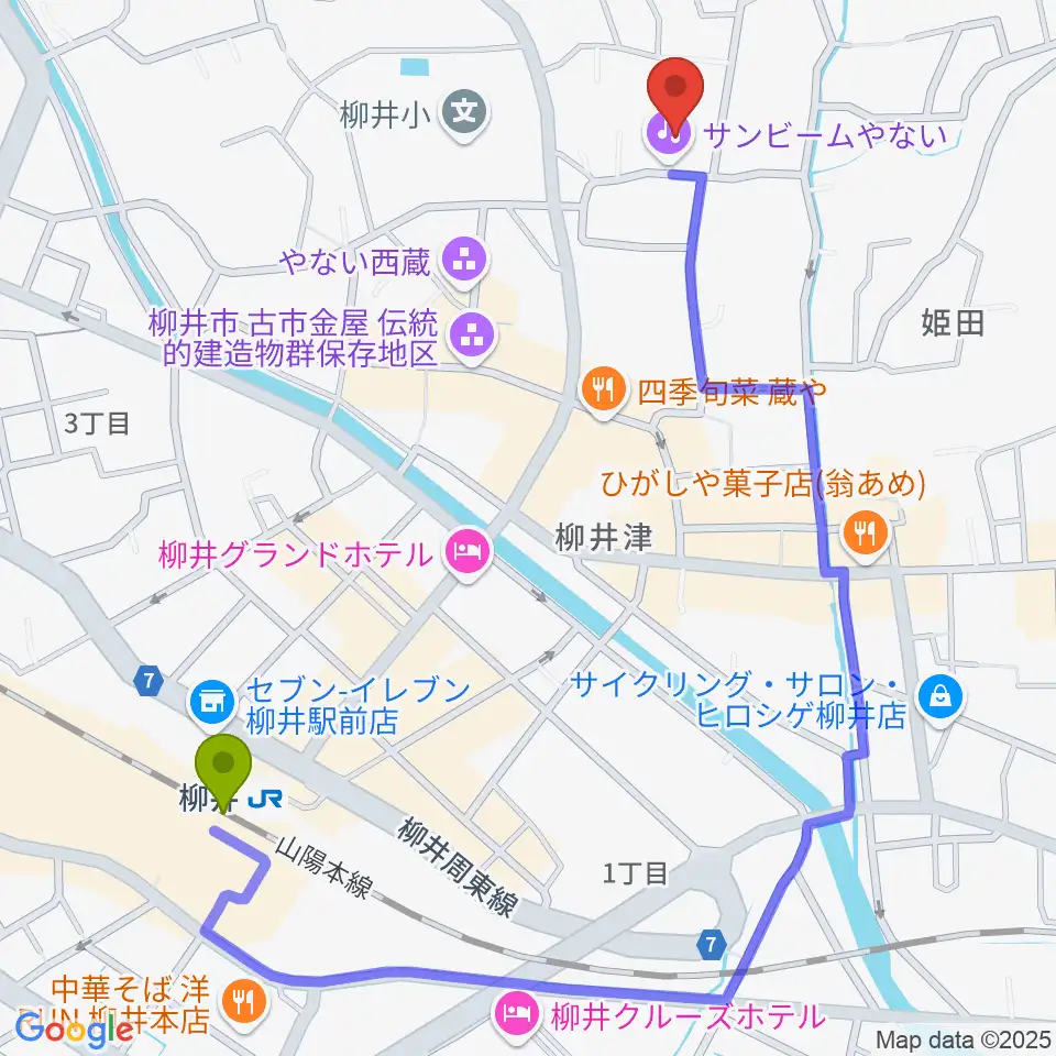 サンビームやないの最寄駅柳井駅からの徒歩ルート（約12分）地図