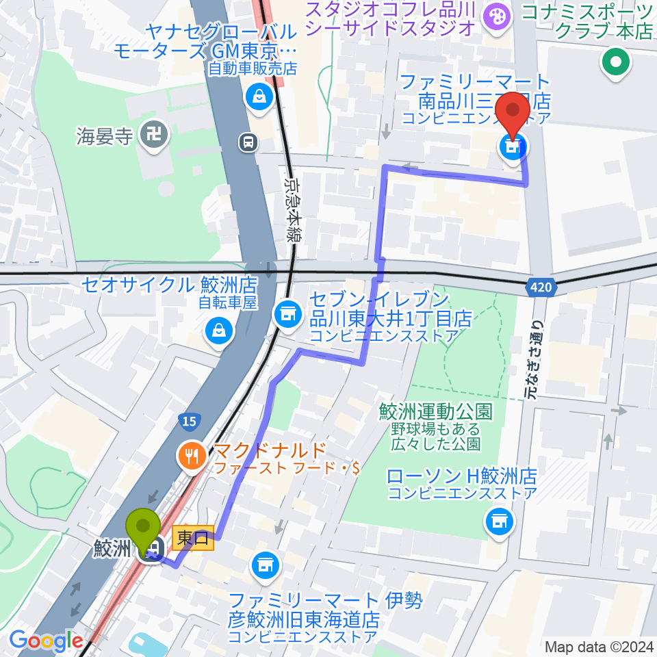 鮫洲駅から品川ハンビーホールへのルートマップ地図