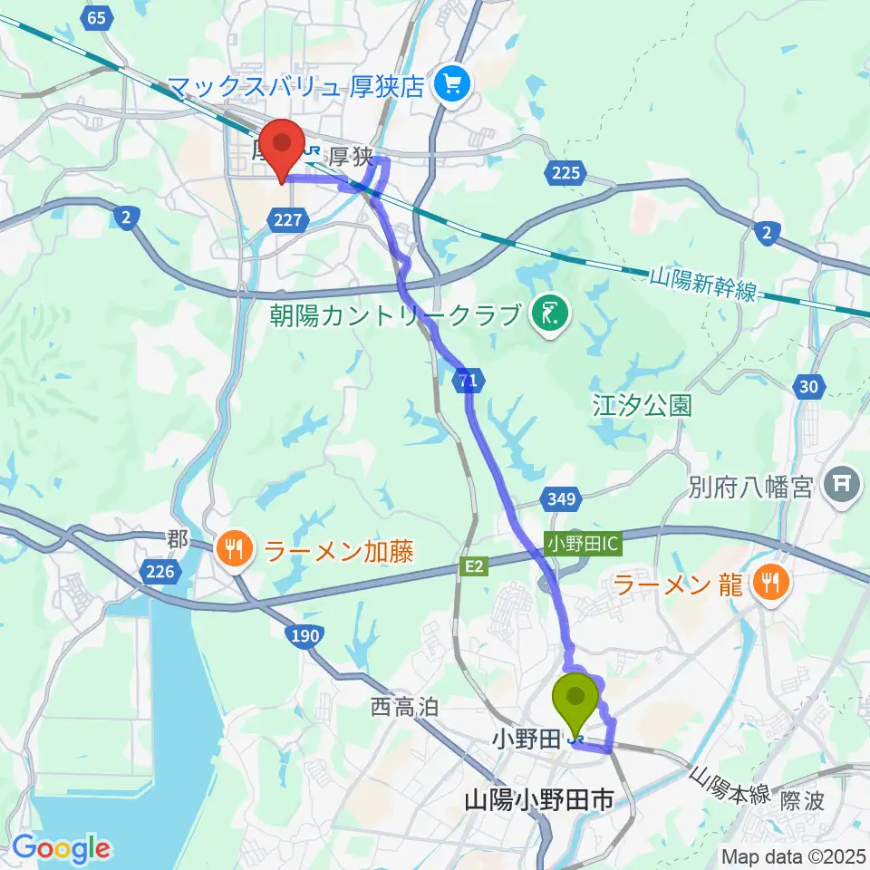 小野田駅から不二輸送機ホールへのルートマップ地図
