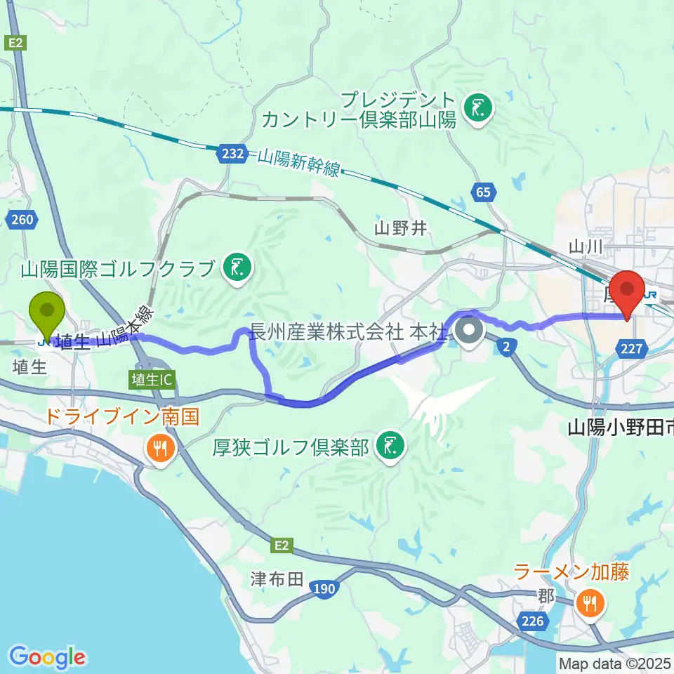 埴生駅から不二輸送機ホールへのルートマップ地図