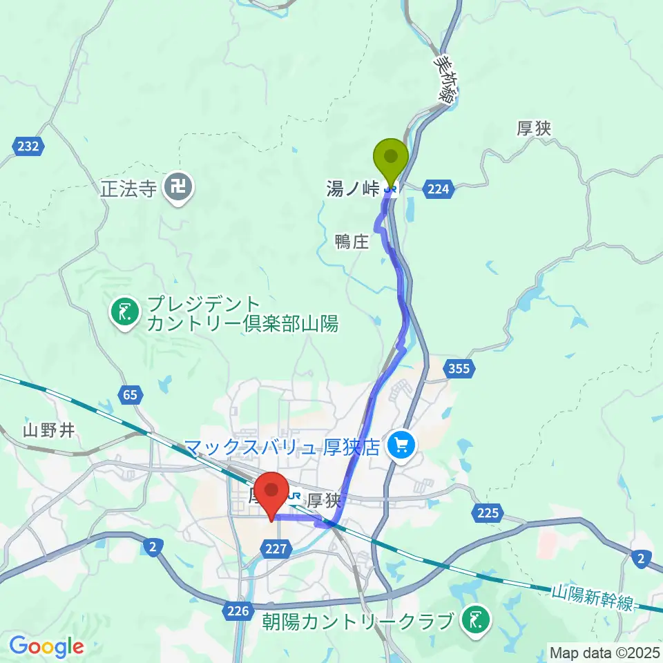 湯ノ峠駅から不二輸送機ホールへのルートマップ地図