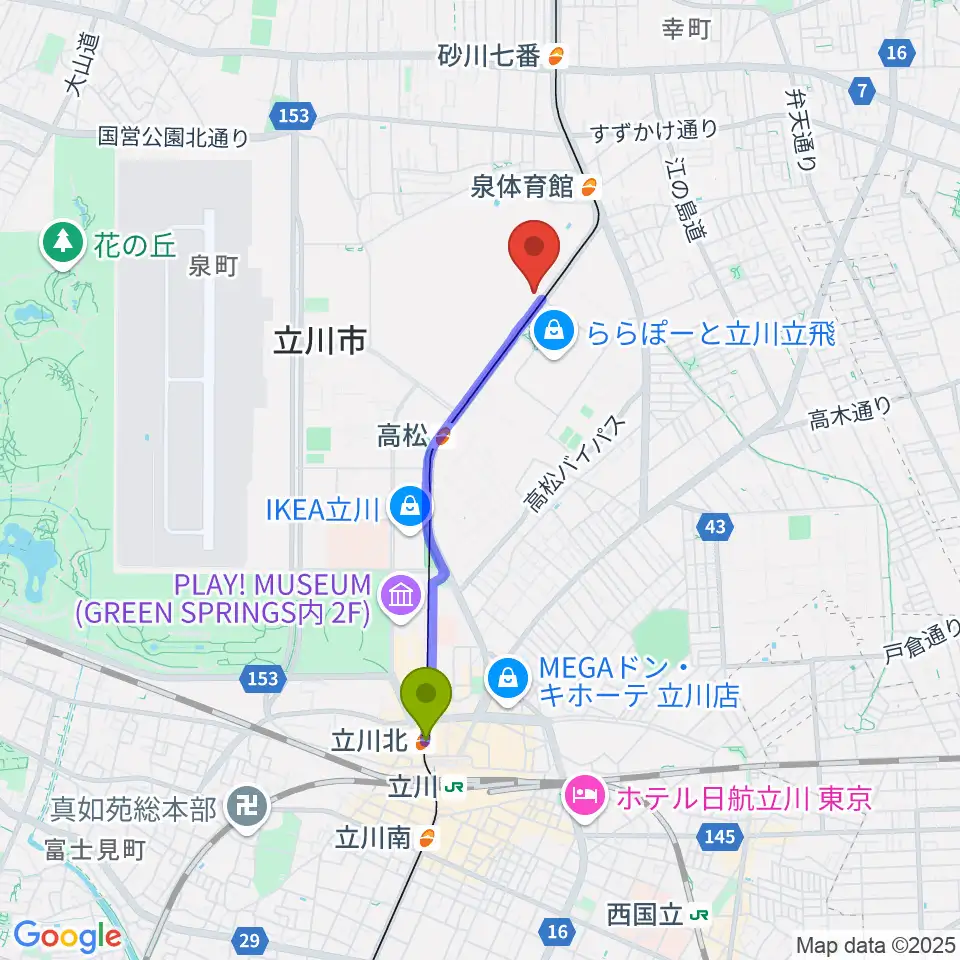 立川北駅からアリーナ立川立飛へのルートマップ地図