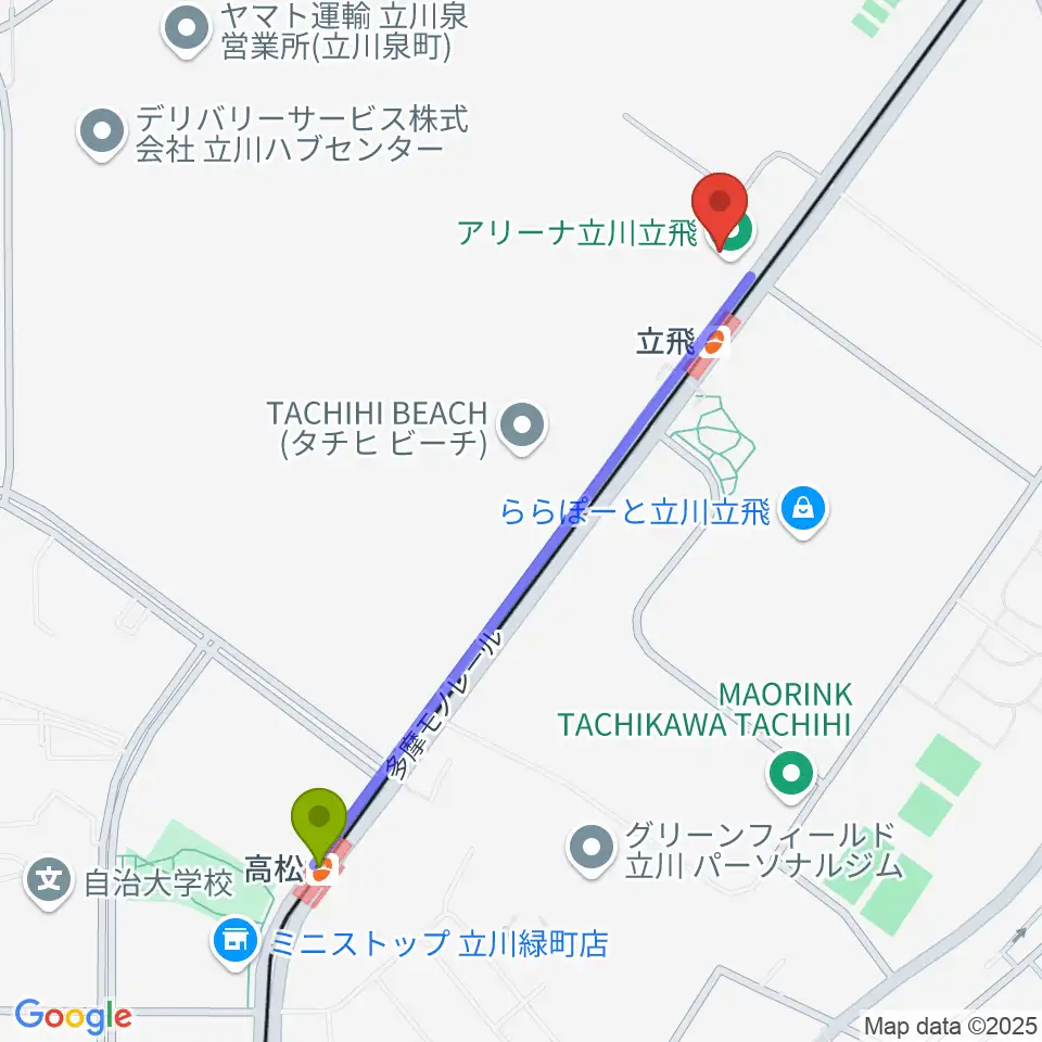 高松駅からアリーナ立川立飛へのルートマップ地図