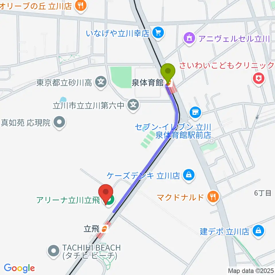 泉体育館駅からアリーナ立川立飛へのルートマップ地図