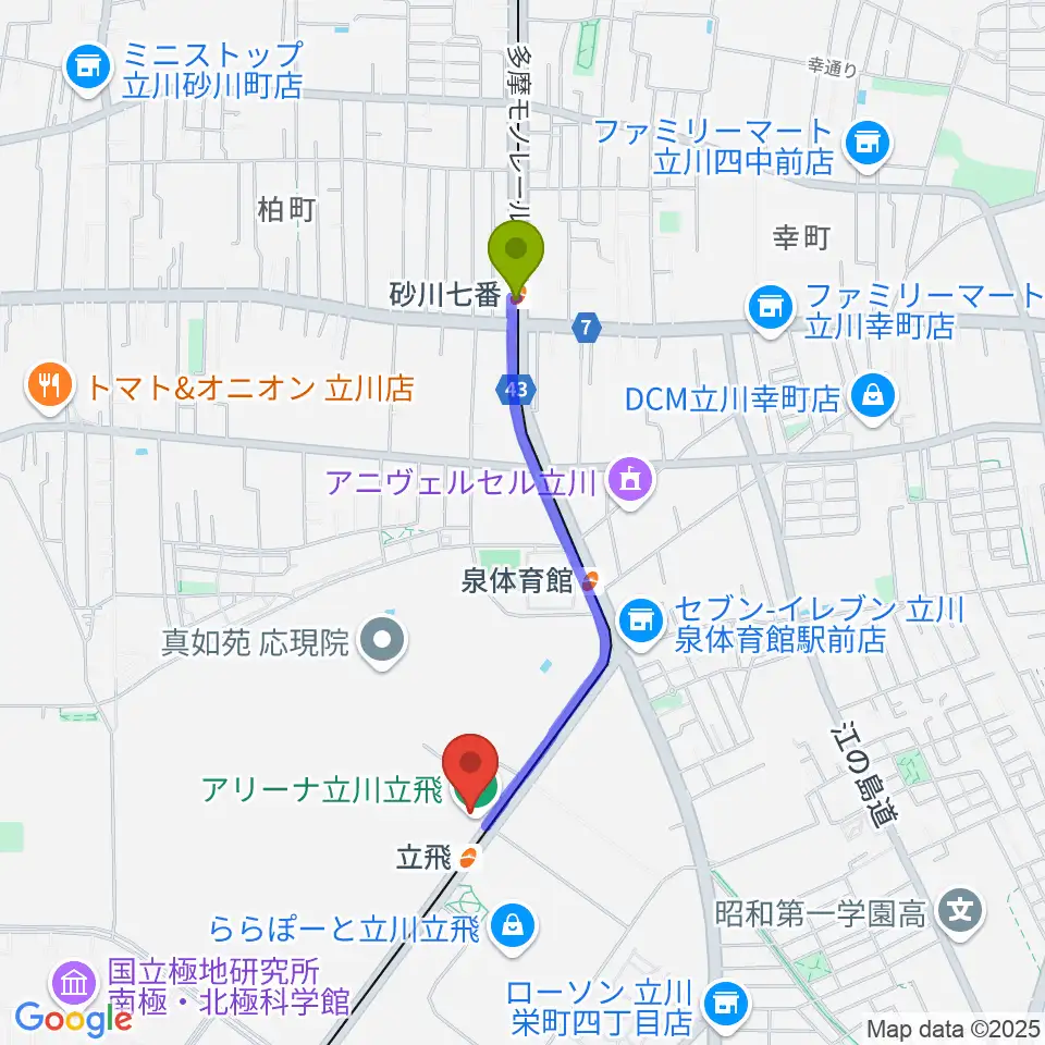 砂川七番駅からアリーナ立川立飛へのルートマップ地図