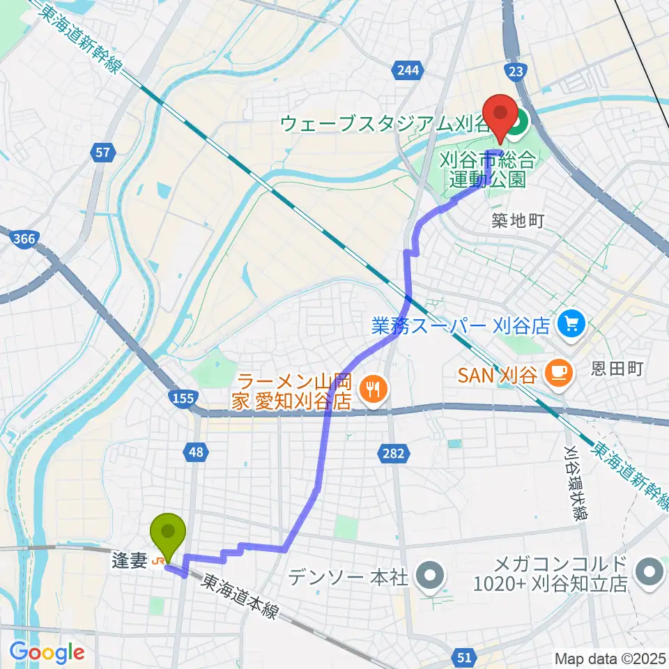逢妻駅からウィングアリーナ刈谷へのルートマップ地図