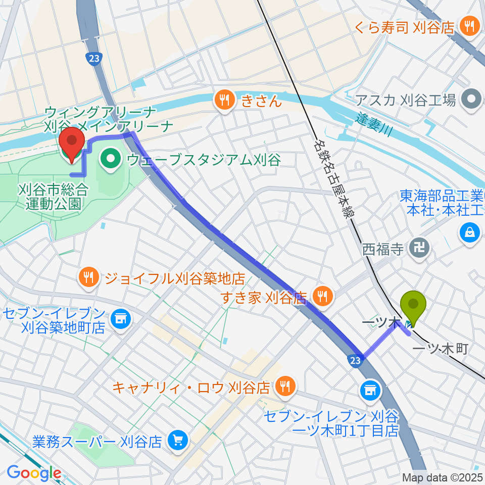 一ツ木駅からウィングアリーナ刈谷へのルートマップ地図