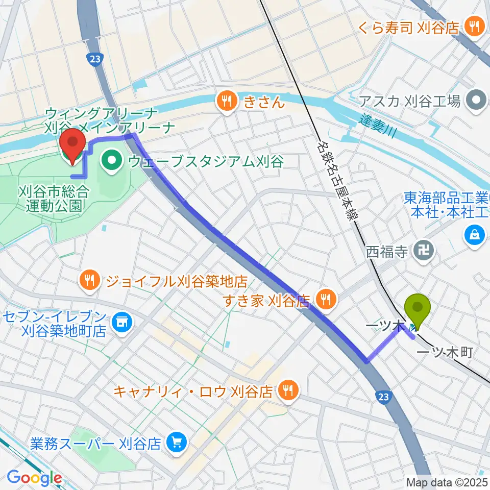 一ツ木駅からウィングアリーナ刈谷へのルートマップ地図