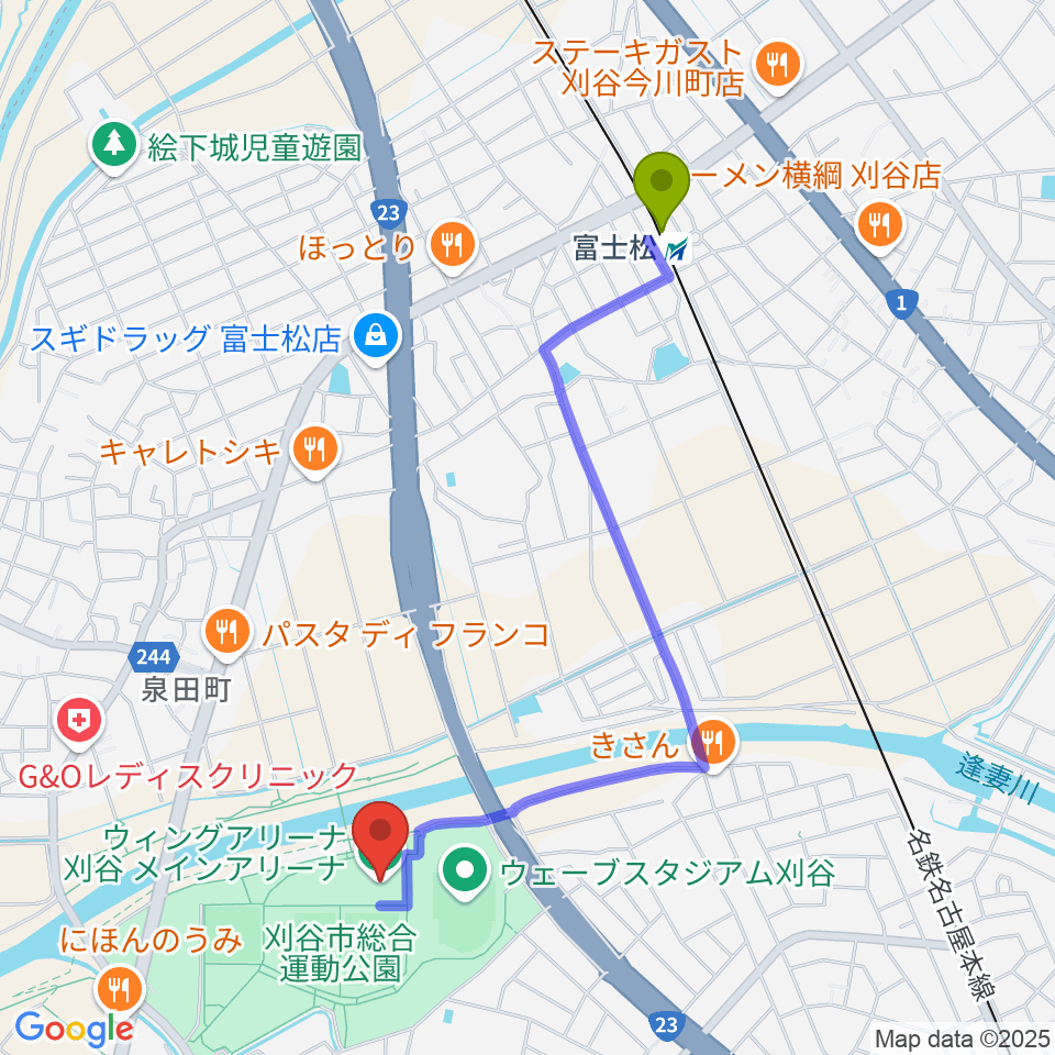 ウィングアリーナ刈谷の最寄駅富士松駅からの徒歩ルート（約21分）地図