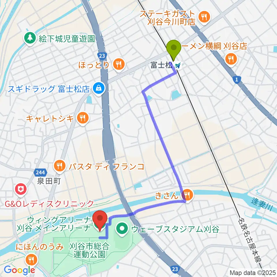 ウィングアリーナ刈谷の最寄駅富士松駅からの徒歩ルート（約21分）地図