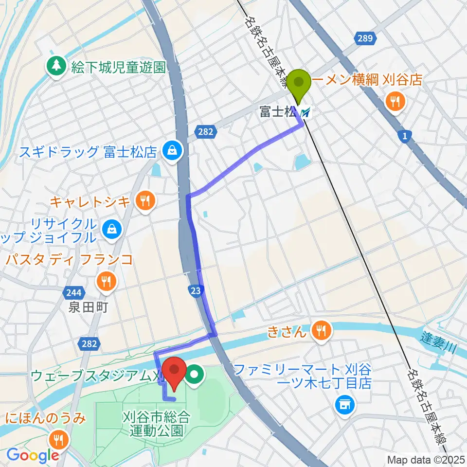 ウィングアリーナ刈谷の最寄駅富士松駅からの徒歩ルート（約21分）地図