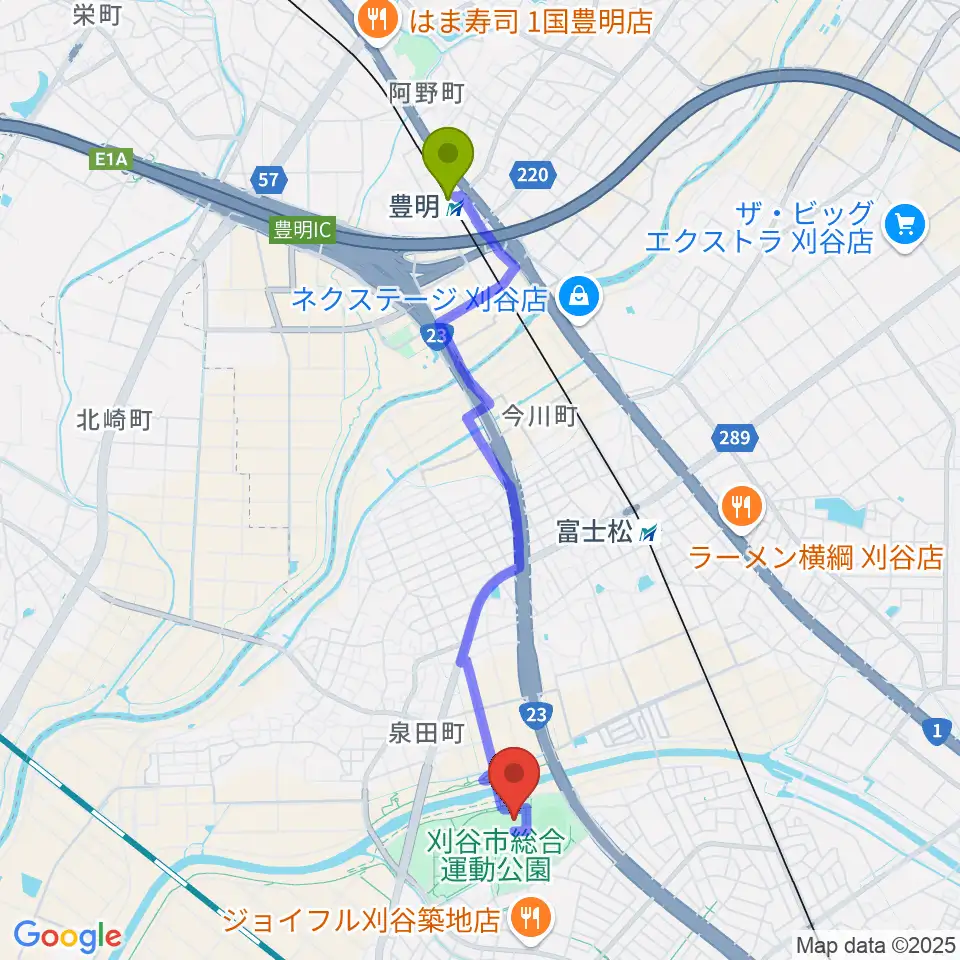 豊明駅からウィングアリーナ刈谷へのルートマップ地図