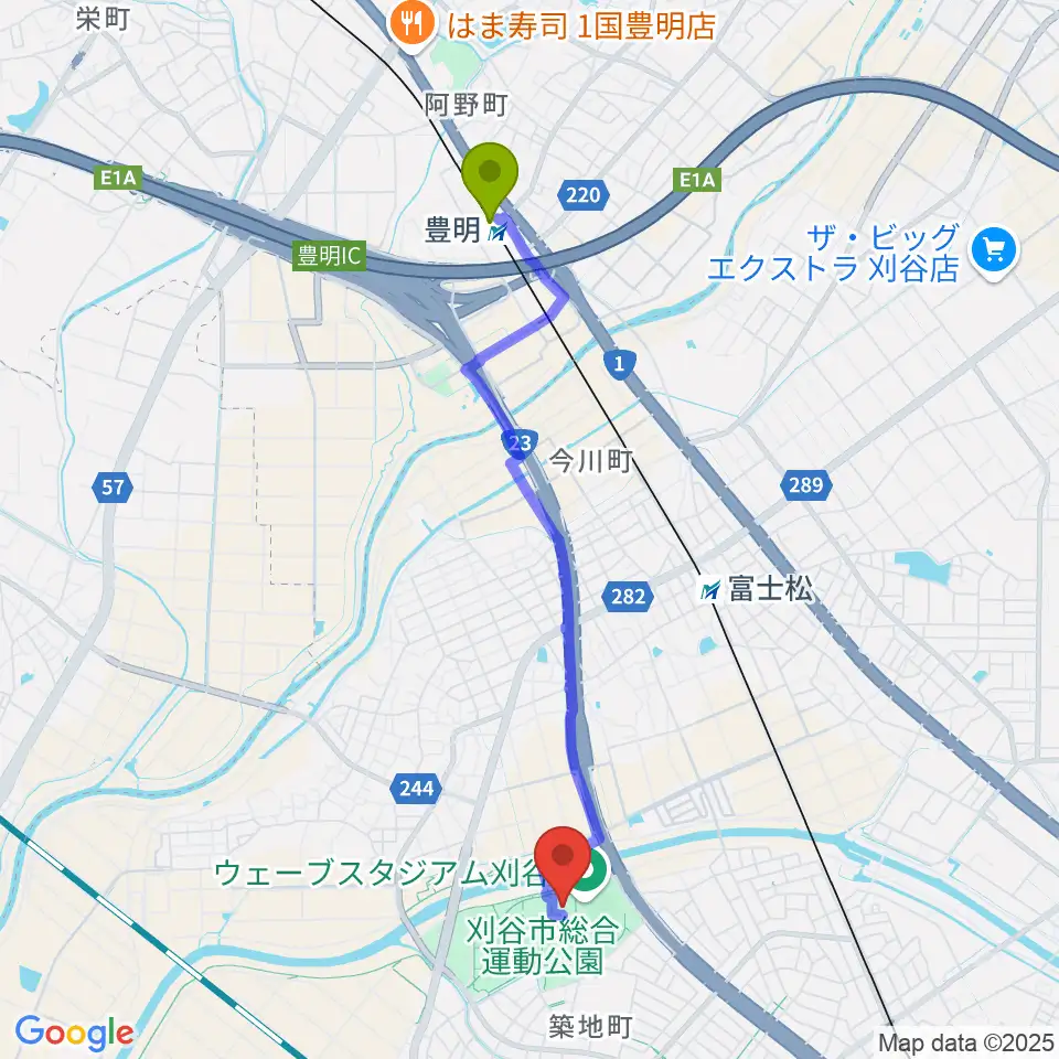 豊明駅からウィングアリーナ刈谷へのルートマップ地図