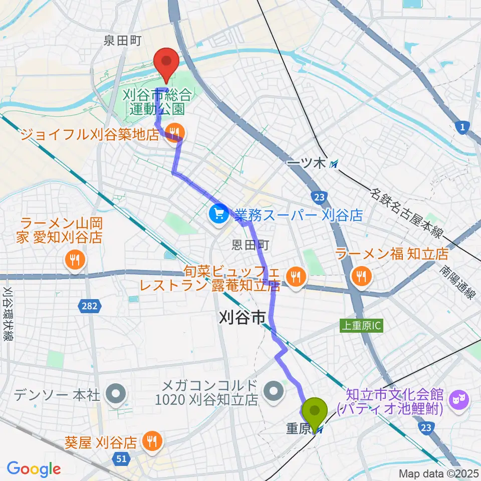 重原駅からウィングアリーナ刈谷へのルートマップ地図