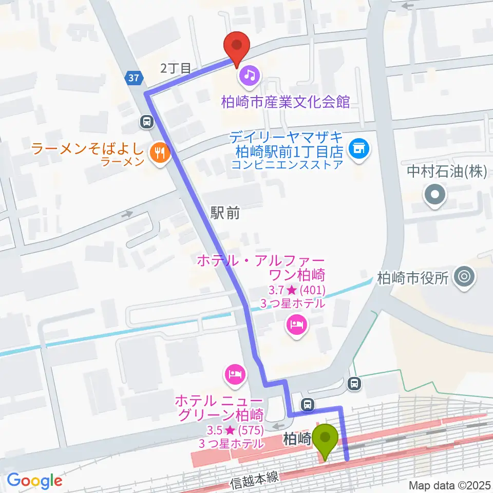 柏崎市産業文化会館の最寄駅柏崎駅からの徒歩ルート（約6分）地図