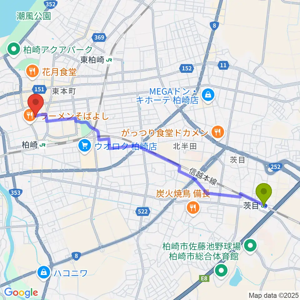 茨目駅から柏崎市産業文化会館へのルートマップ地図