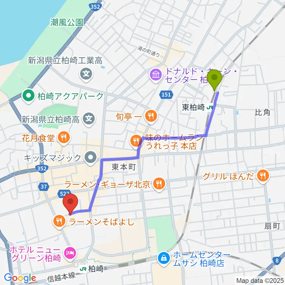 東柏崎駅から柏崎市産業文化会館へのルートマップ地図