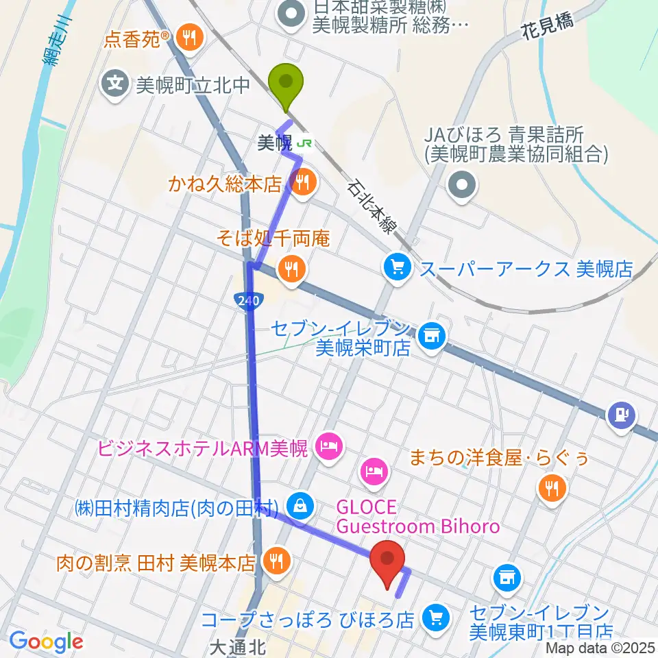 美幌町民会館びほーるの最寄駅美幌駅からの徒歩ルート（約20分）地図