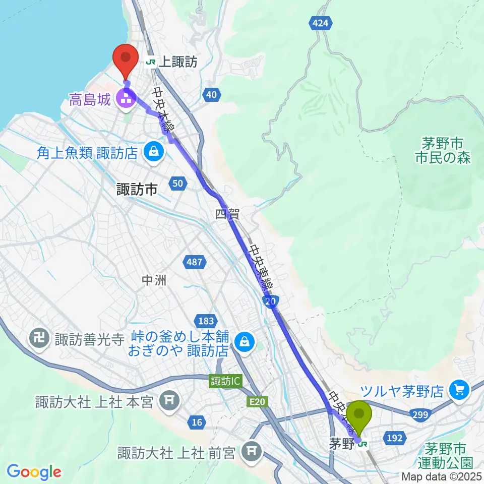 茅野駅から諏訪市文化センターへのルートマップ地図