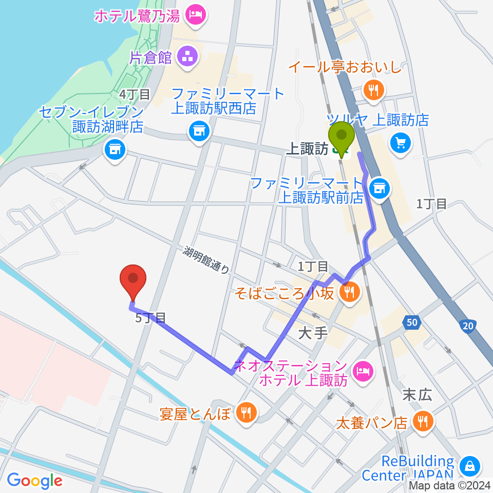 諏訪市文化センターの最寄駅上諏訪駅からの徒歩ルート（約8分）地図