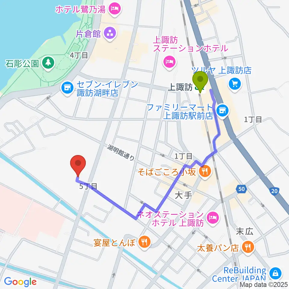 諏訪市文化センターの最寄駅上諏訪駅からの徒歩ルート（約8分）地図