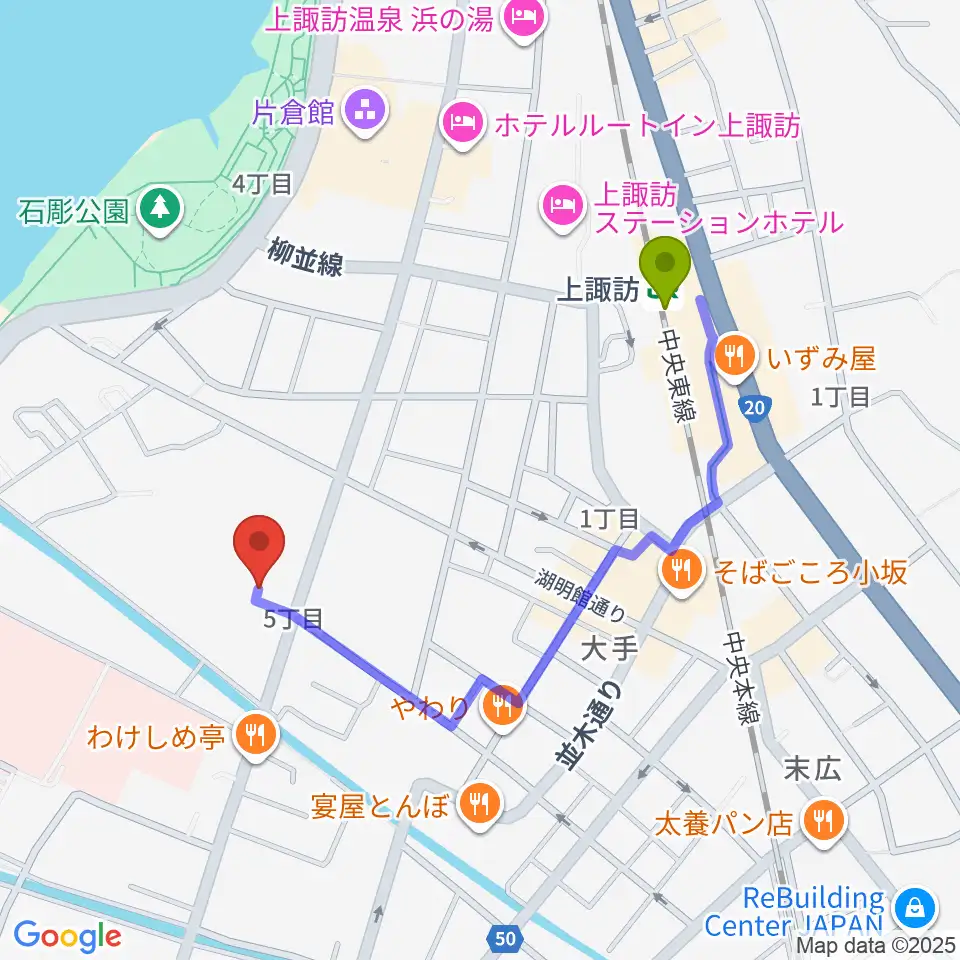 諏訪市文化センターの最寄駅上諏訪駅からの徒歩ルート（約8分）地図