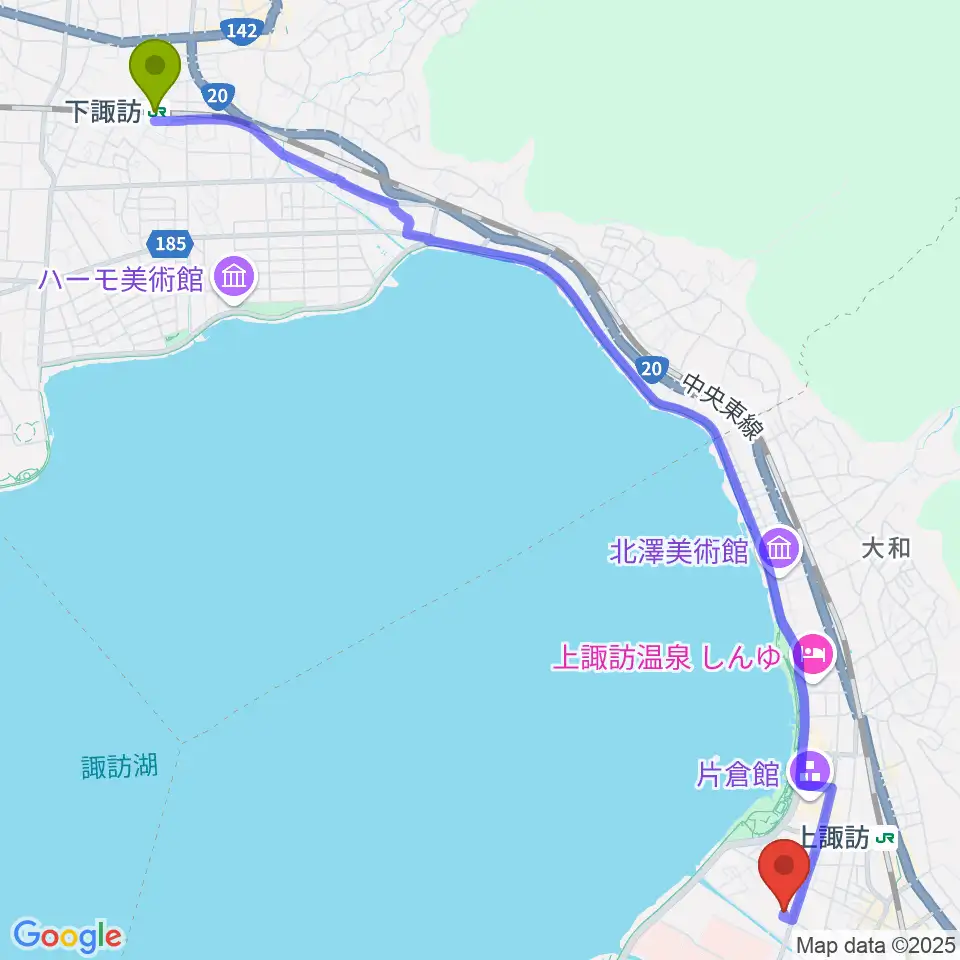 下諏訪駅から諏訪市文化センターへのルートマップ地図