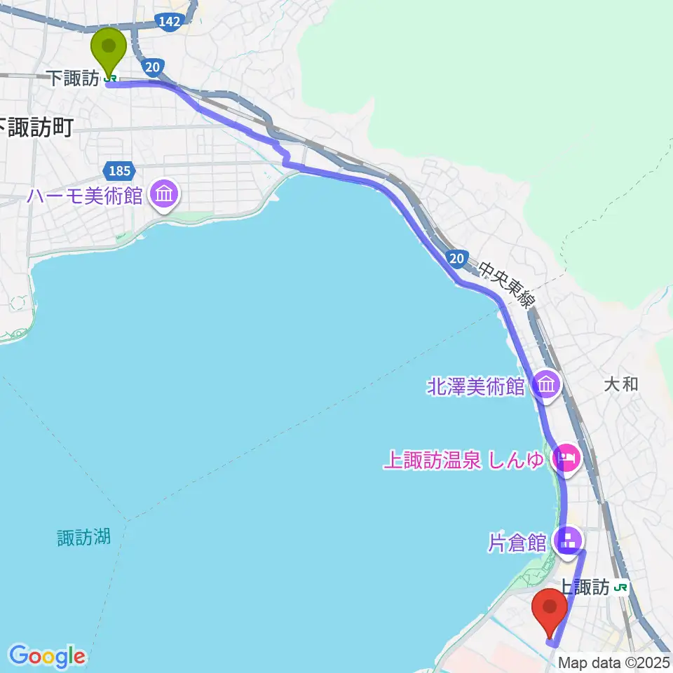 下諏訪駅から諏訪市文化センターへのルートマップ地図