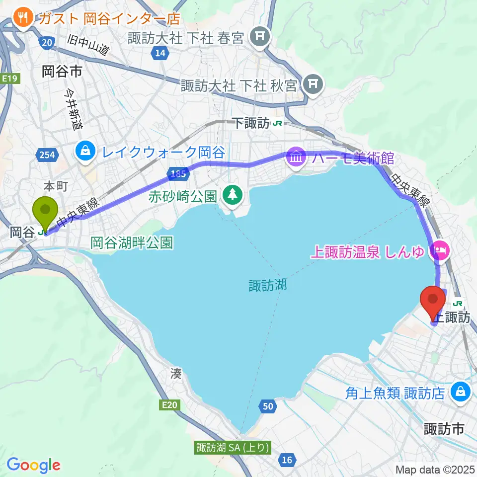 岡谷駅から諏訪市文化センターへのルートマップ地図