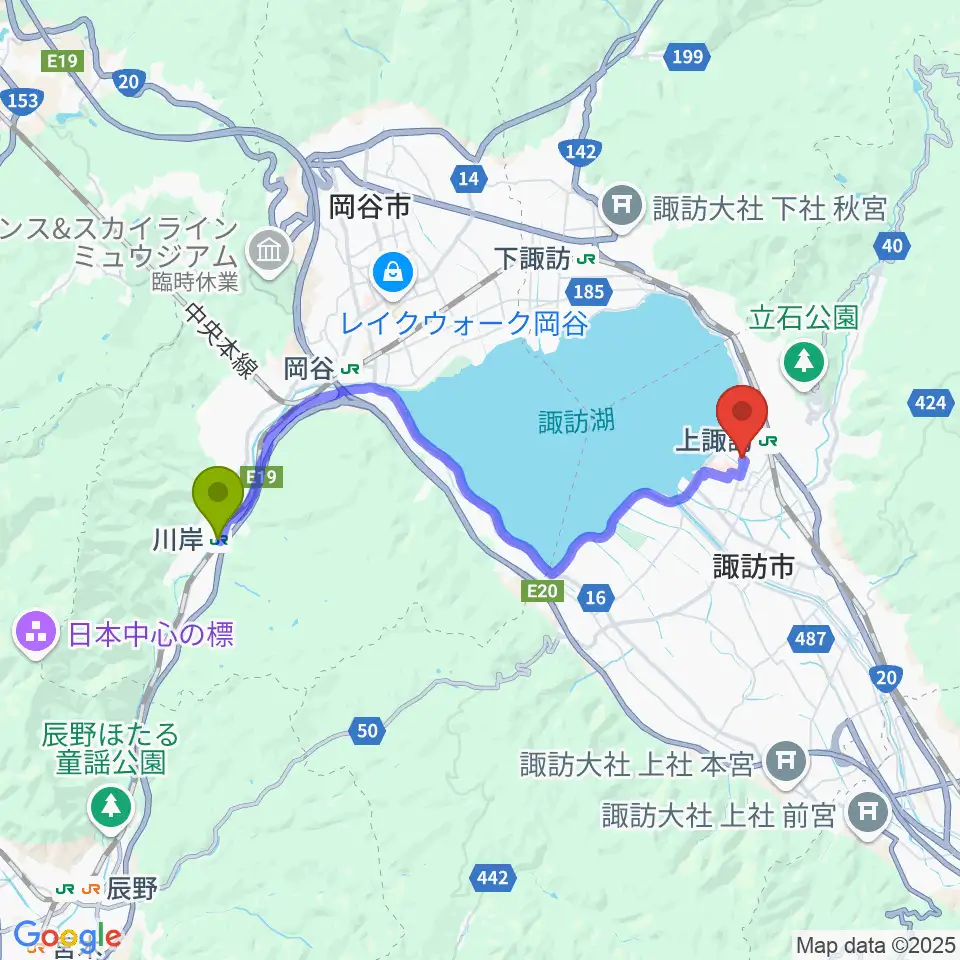 川岸駅から諏訪市文化センターへのルートマップ地図