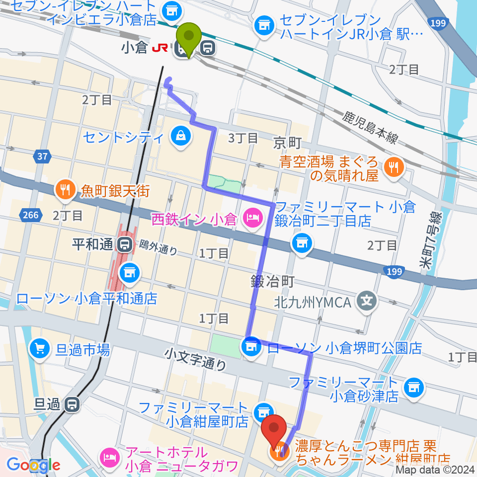 小倉駅から小倉WHIPPING POSTへのルートマップ地図