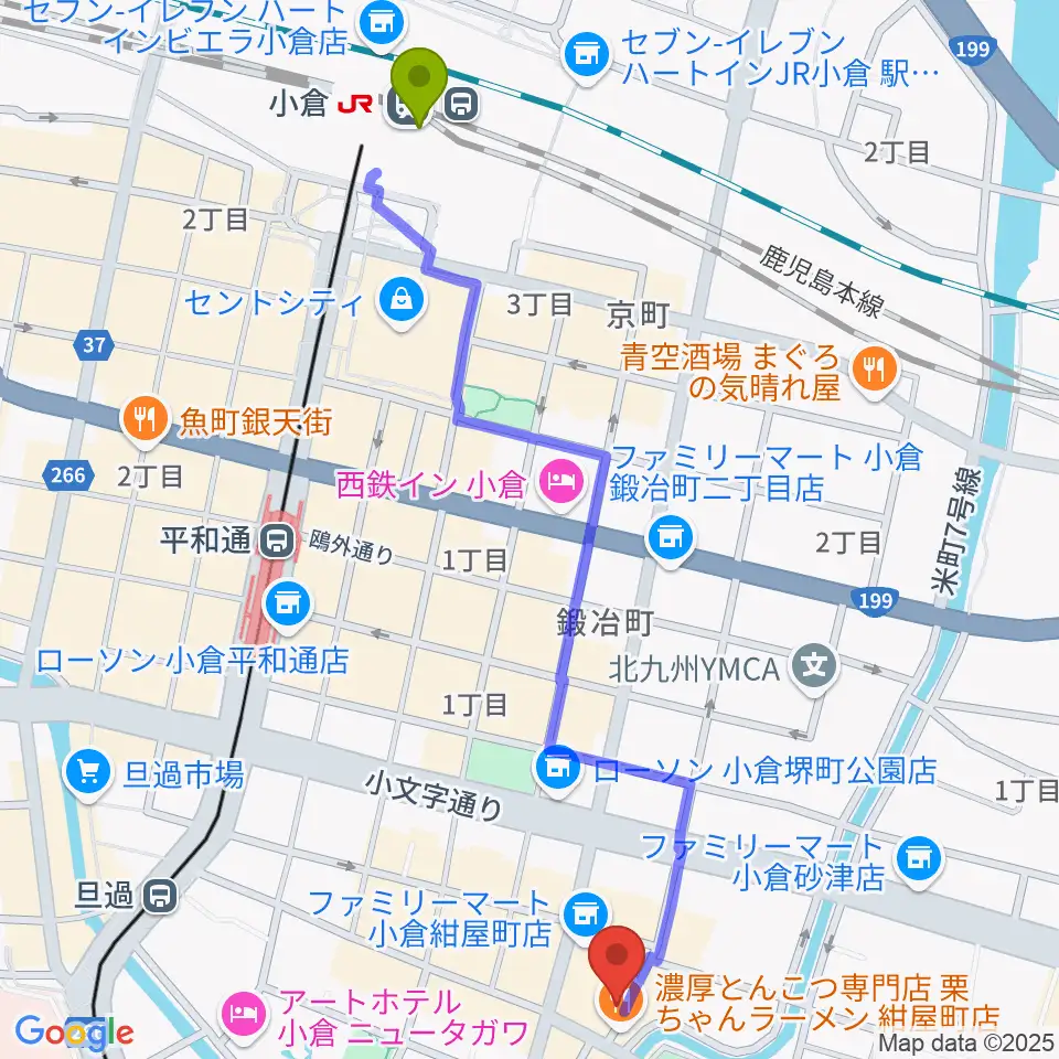 小倉駅から小倉WHIPPING POSTへのルートマップ地図