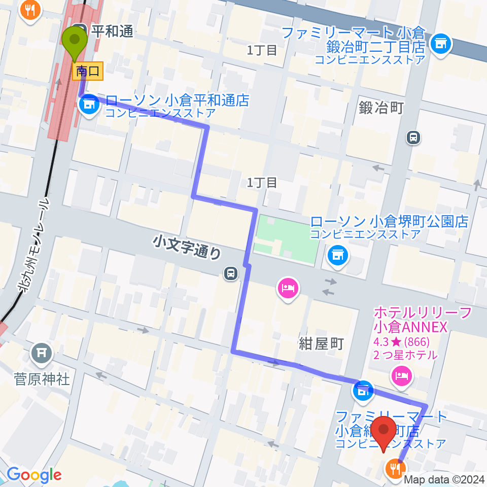 平和通駅から小倉WHIPPING POSTへのルートマップ地図