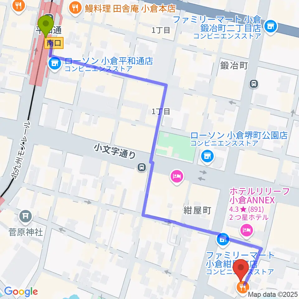 平和通駅から小倉WHIPPING POSTへのルートマップ地図