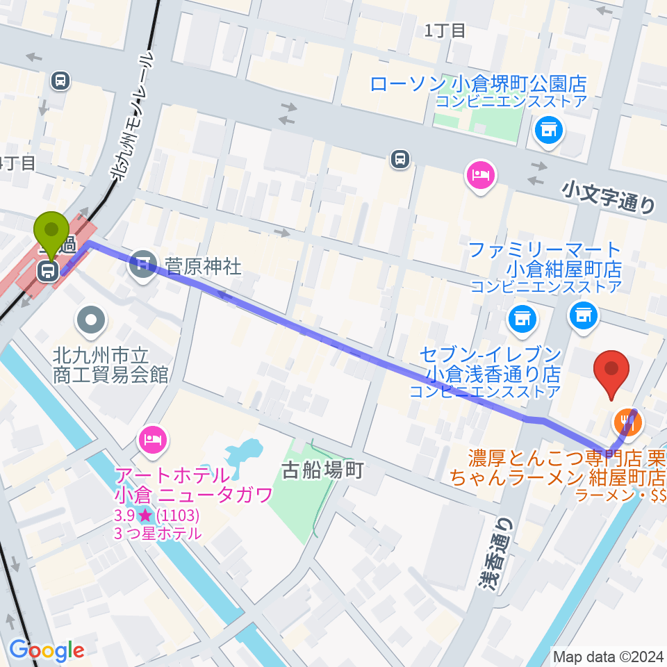 小倉WHIPPING POSTの最寄駅旦過駅からの徒歩ルート（約7分）地図