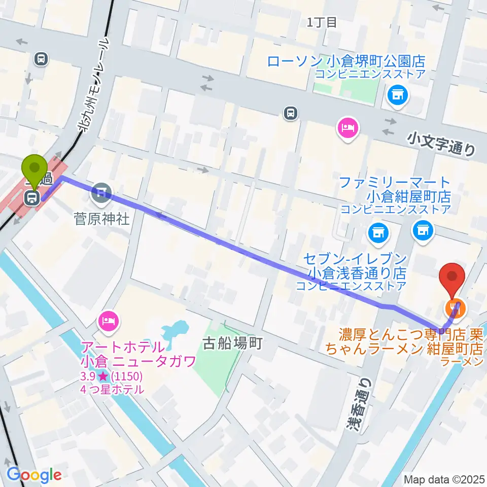 小倉WHIPPING POSTの最寄駅旦過駅からの徒歩ルート（約7分）地図