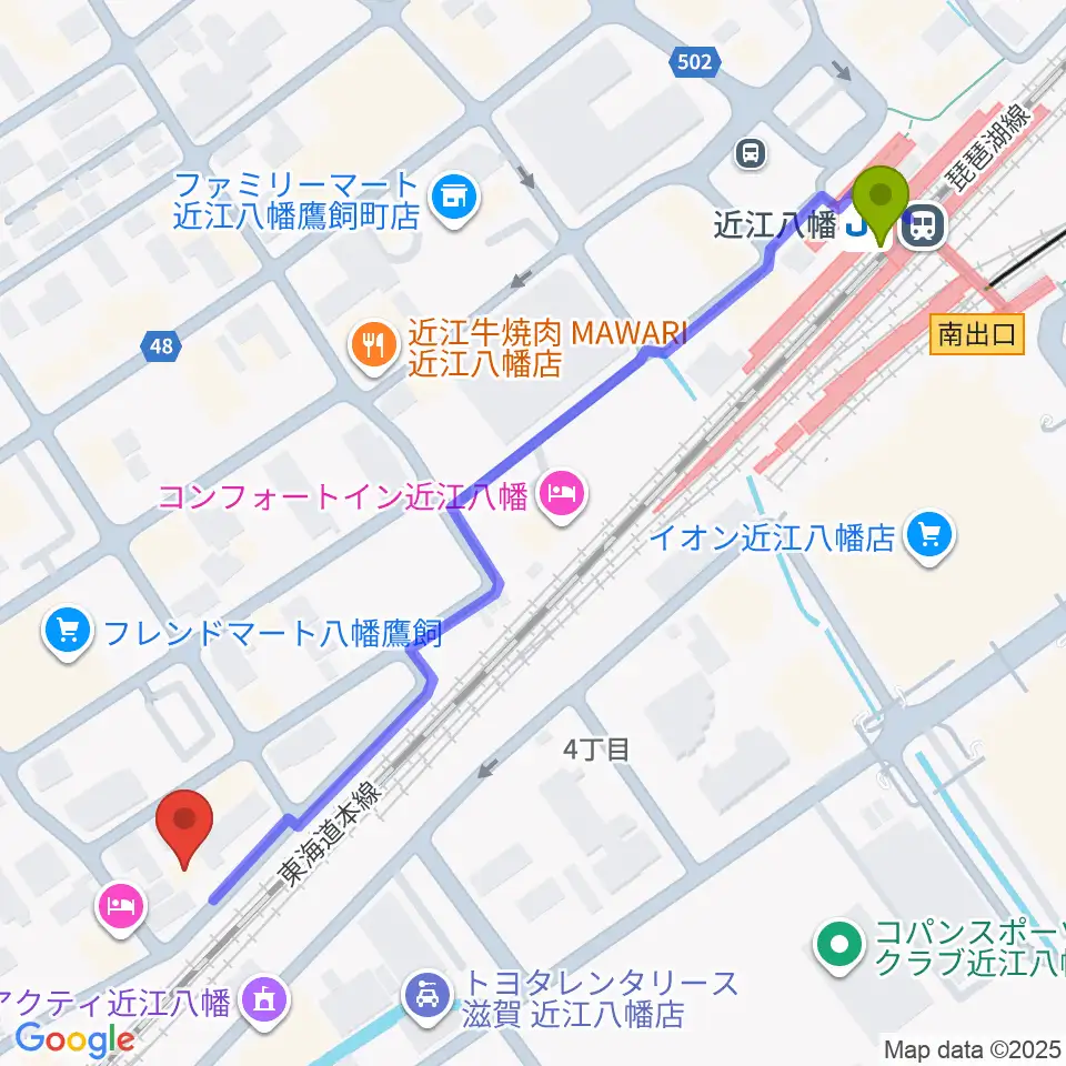 Eleven Guitars イレブンギターズの最寄駅近江八幡駅からの徒歩ルート（約7分）地図