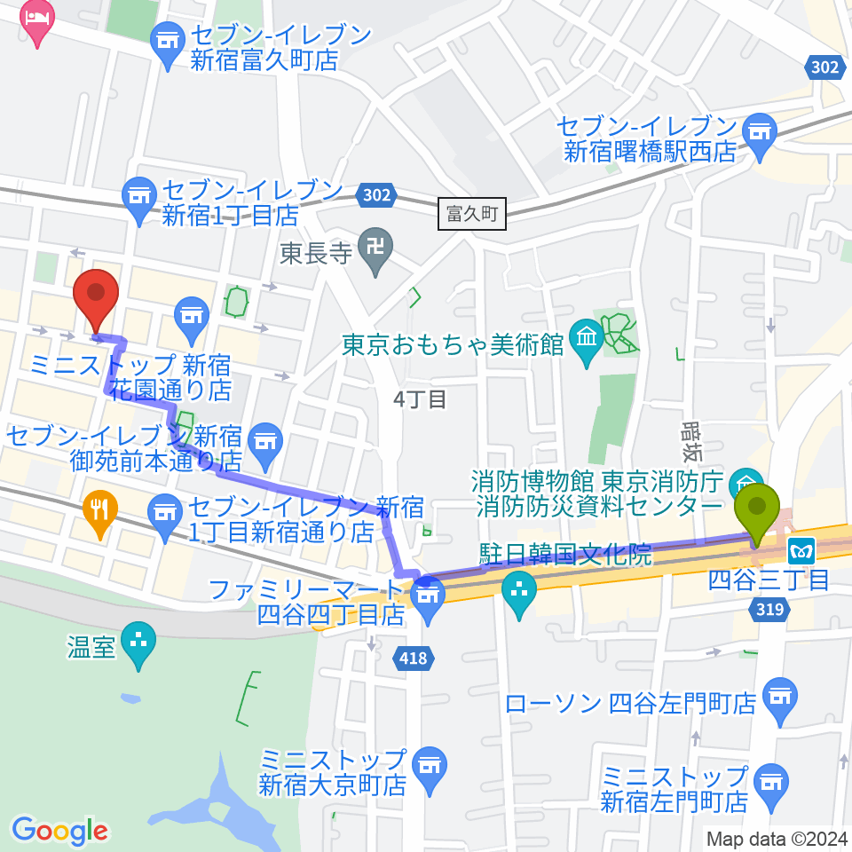 四谷三丁目駅から新宿御苑Only Yesterdayへのルートマップ地図