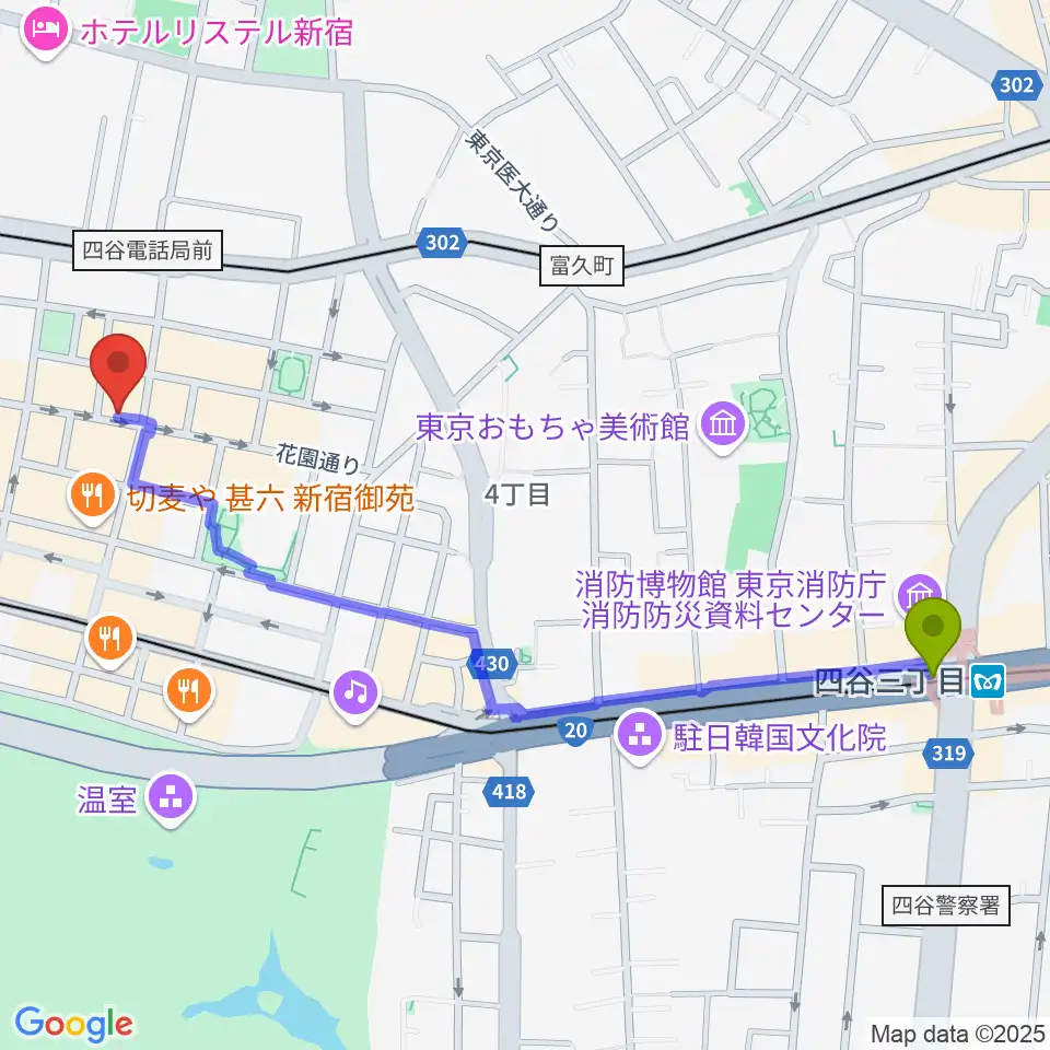 四谷三丁目駅から新宿御苑Only Yesterdayへのルートマップ地図