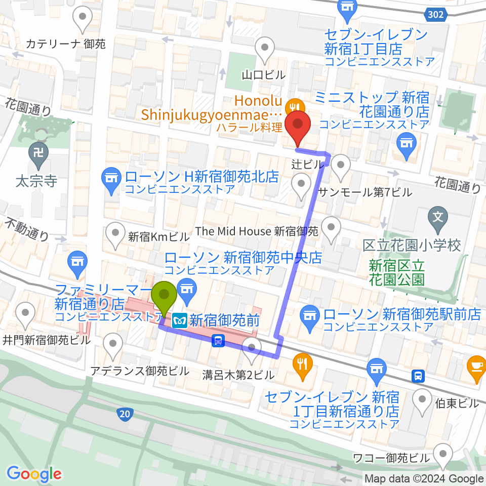 新宿御苑Only Yesterdayの最寄駅新宿御苑前駅からの徒歩ルート（約3分）地図