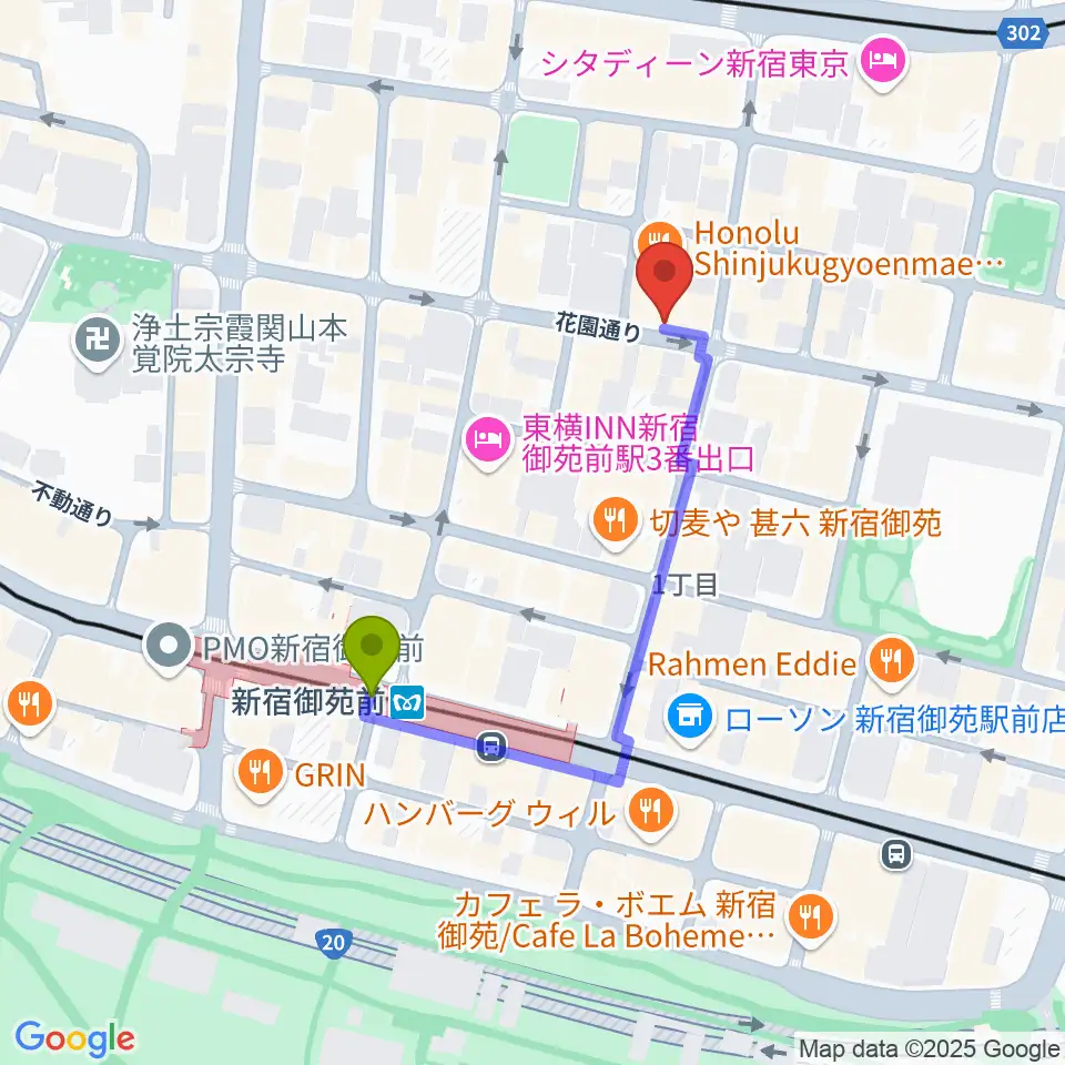新宿御苑Only Yesterdayの最寄駅新宿御苑前駅からの徒歩ルート（約3分）地図