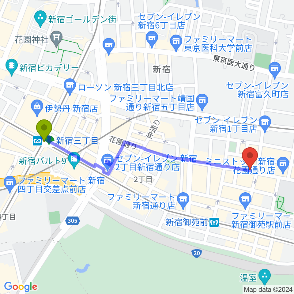新宿三丁目駅から新宿御苑Only Yesterdayへのルートマップ地図