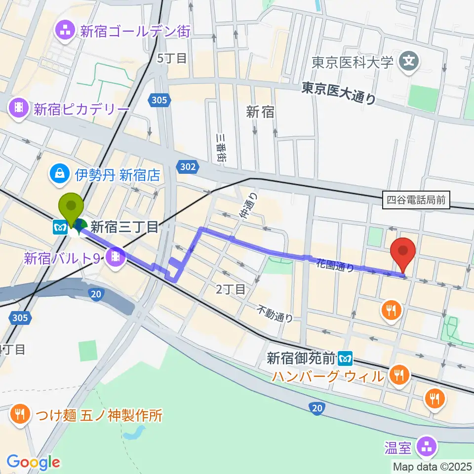 新宿三丁目駅から新宿御苑Only Yesterdayへのルートマップ地図