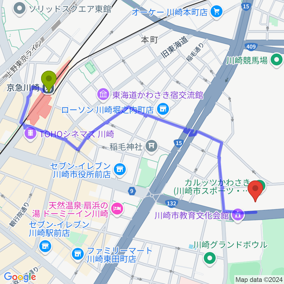 京急川崎駅からカルッツかわさき スポーツへのルートマップ地図