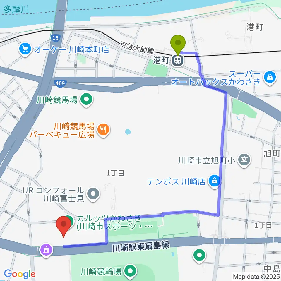 カルッツかわさき スポーツの最寄駅港町駅からの徒歩ルート（約12分）地図