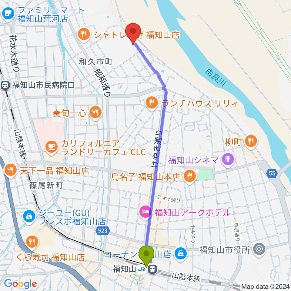 福知山駅からひろ音楽教室へのルートマップ地図