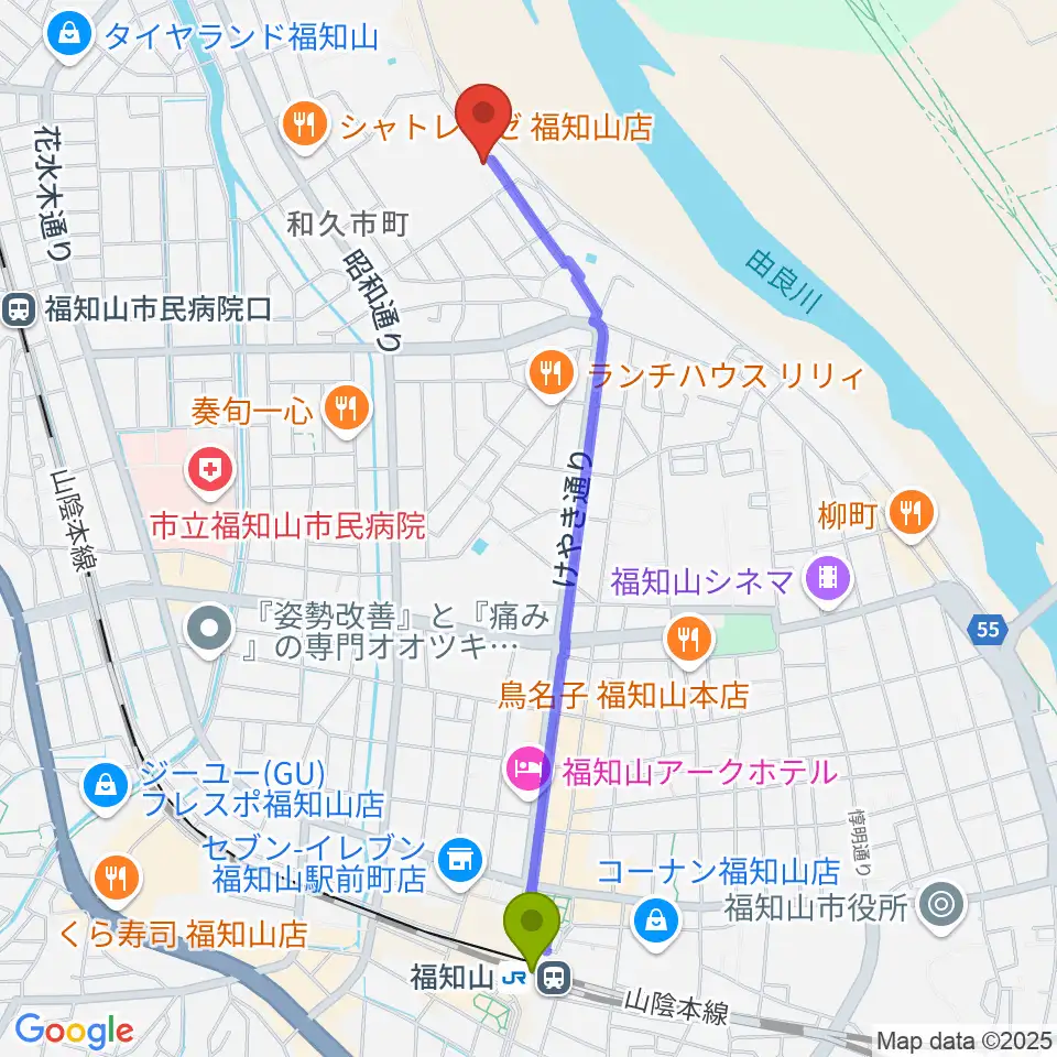 福知山駅からひろ音楽教室へのルートマップ地図