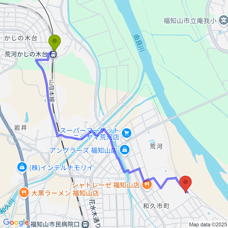 荒河かしの木台駅からひろ音楽教室へのルートマップ地図