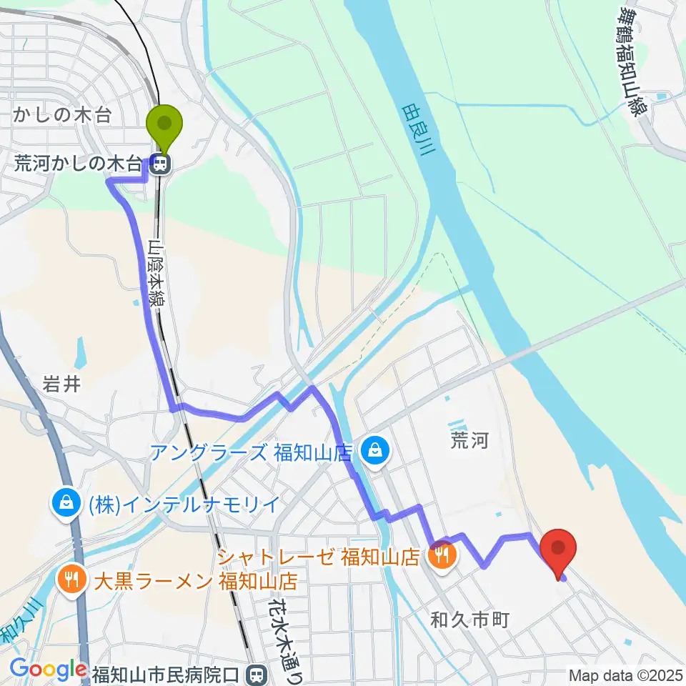 荒河かしの木台駅からひろ音楽教室へのルートマップ地図