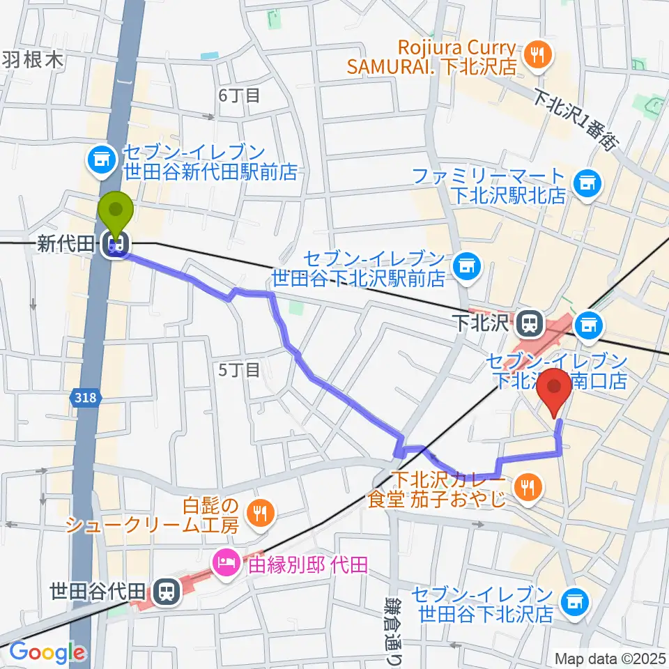 新代田駅から空飛ぶこぶたやへのルートマップ地図